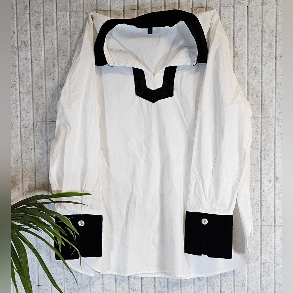 Talbots XL White Cotton Blouse Black Velvet Collar Cuffs Rhinestone Button Shirt
